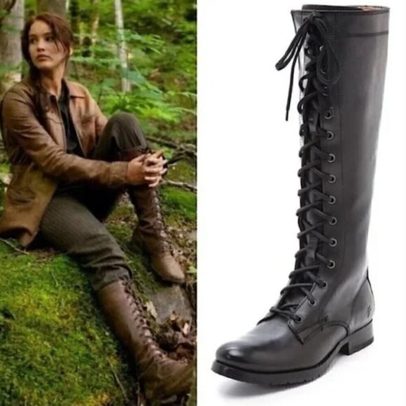Frye Shoes - Frye Melissa Black Leather Lace Up Knee High Zip Street Boots Katniss Size 8.5